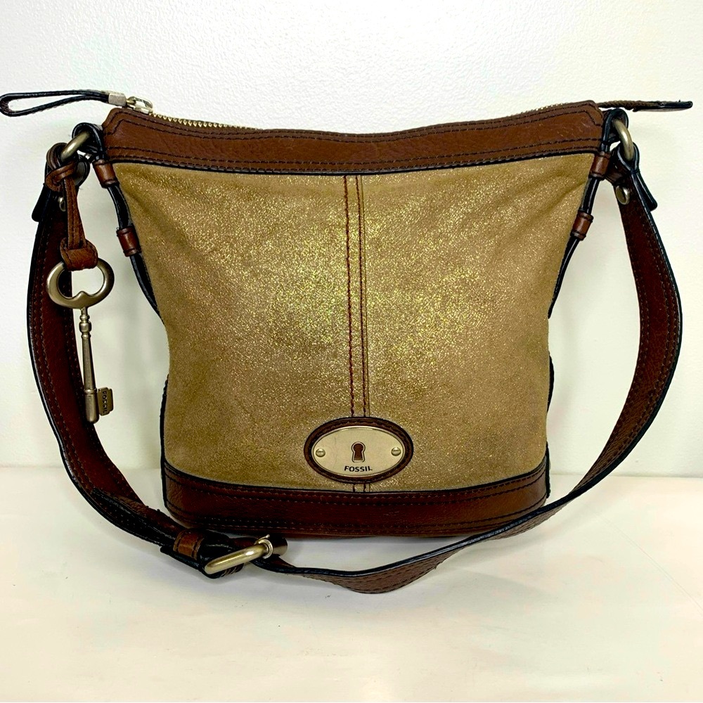 Fossil Vintage Maddox Bucket Shoulder Bag Metallic Key Charm Leather
